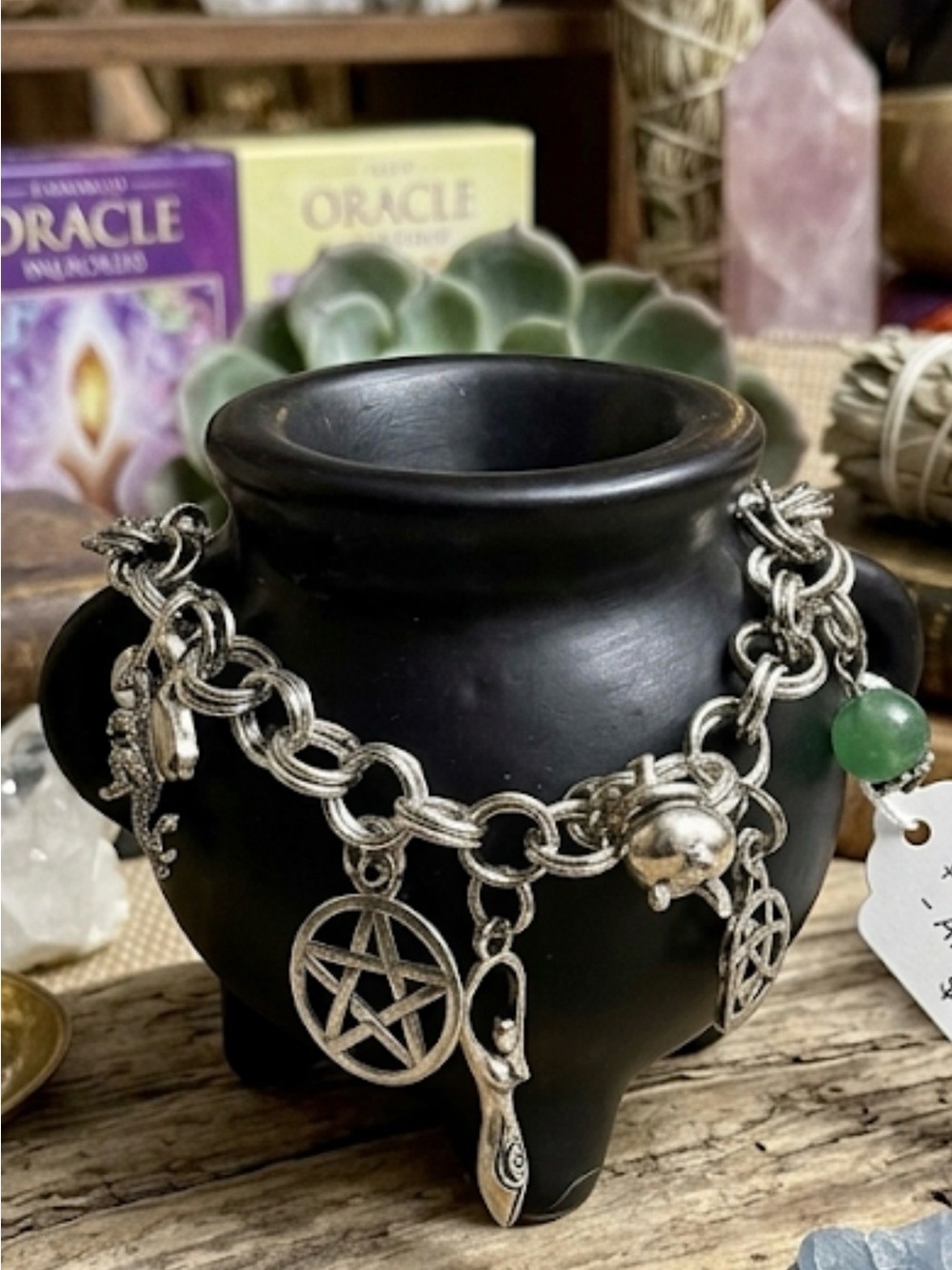 Goddess & pentagram Charm Bracelet with Aventurine Bead